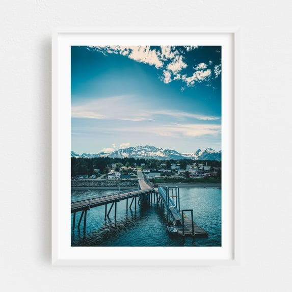 Haines - a small city in Alaska - Haines Alaska Photography Mountain Scenic Harbor Bridge Landscape Coast Boat White Framed Wall Art Print 6 x 8 inches