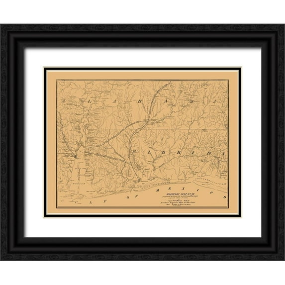 Hains 24x19 Black Ornate Wood Framed with Double Matting Museum Art Print Titled - Alabama South Florida West Military - Hains 1864