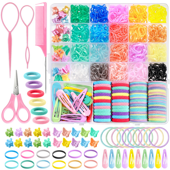 Livhil 26 Colors Hair Rubber Bands with Tail Hair Tools and Hair Clips, 1544 Pcs Elastic Baby Toddler Hair Ties, Hair Accessories for Girls