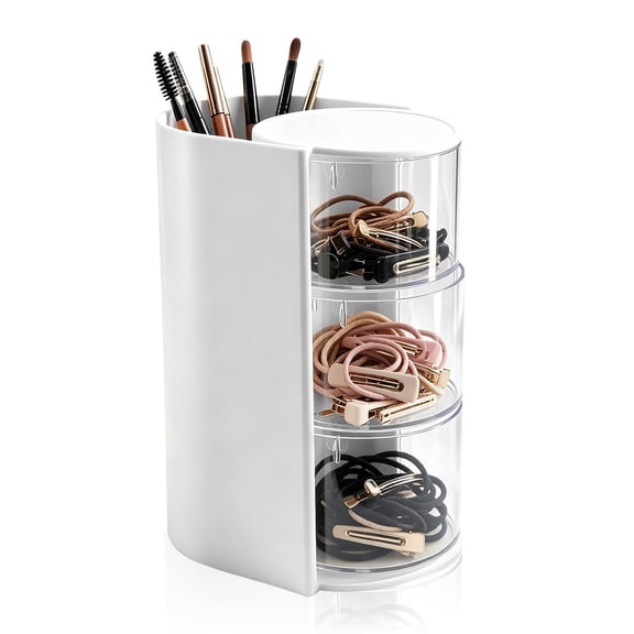 Hair Accessories Organizer, 3-Tier Rotating Clear Drawers with Brush Holder, 1 Pack White, for Vanity, Bathroom and Bedroom Storage