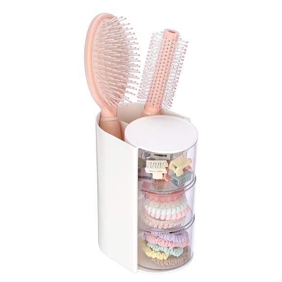 Hair Accessories Organizer with Hair Brush Holder, Rotatable Makeup Brush Holder for Necklaces, Earring, Bracelet, Ring, Makeup Brushes, Hair Clip and Hair Accessories (White, 3-Layer)