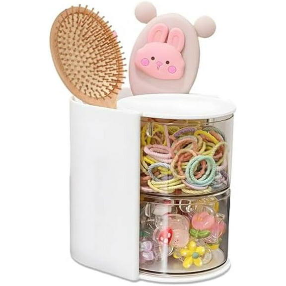 Hair Accessories Organizer with Hair Brush Holder, Rotatable Makeup Brush Holder for Necklaces, Earring, Bracelet, Ring, Makeup Brushes, Hair Clip and Hair Accessories (White, 2-Layer)