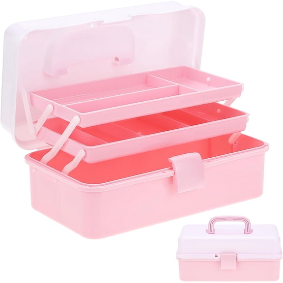 Hair Accessories Organizer, Tackle Box Craft Storage Portable Folding Toolbox, Plastic Tool Box with Handle for Sewing Supplies, Medicine, Art Supplies, Nails Accessories 12.5inch Dusty Pink
