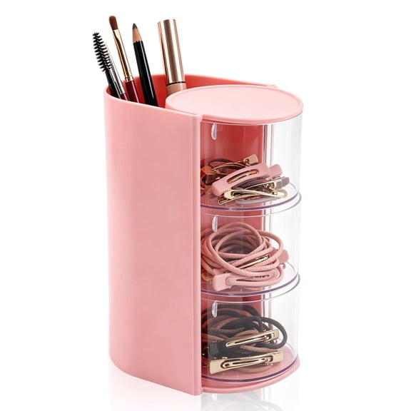 Hair Accessories Organizer with Makeup Brush Holder, 3-Layer Rotating Storage Box for Hair Clips, Bows and Jewelry(Pink)