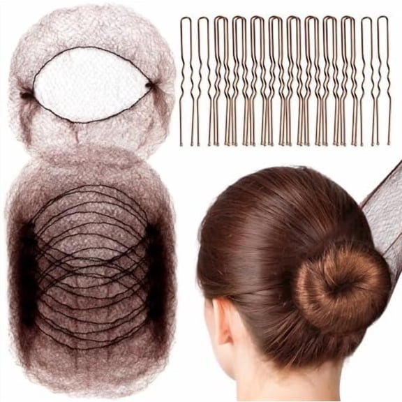 Hair Accessories Set: 20 count Mesh Hair Nets Invisible and 40 count U Shaped Hair Pins for Women, Girls, Ballet Bun Maker & Dance (Hair Nets- 20 inch(50cm), Hair Pins- 2.4 inch(6cm)), Brown