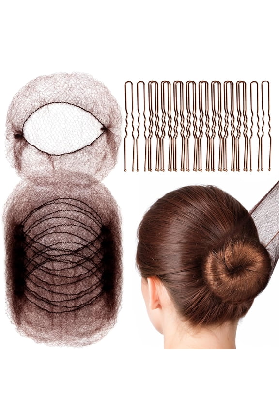 Hair Accessories Set: 20PCS Mesh Hair Nets Invisible and 40PCS U Shaped Hair Pins for Women, Girls, Ballet Bun Maker & Dance (Hair Nets- 20 inch(50cm), Hair Pins- 2.4 inch(6cm)), Brown