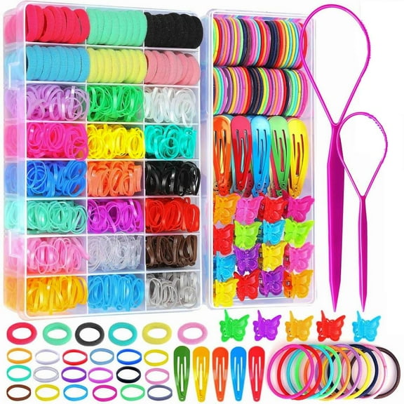 Hair Accessories Set: Colorful Rubber Bands, Cotton Hair Ties, Ponytail Holders, Hair Clips with Organizer Box