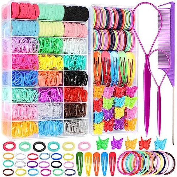 Hair Accessories Set: Colorful Rubber Bands, Hair Ties, Ponytail Holders, Hair Clips with Organizer Box for Girls,