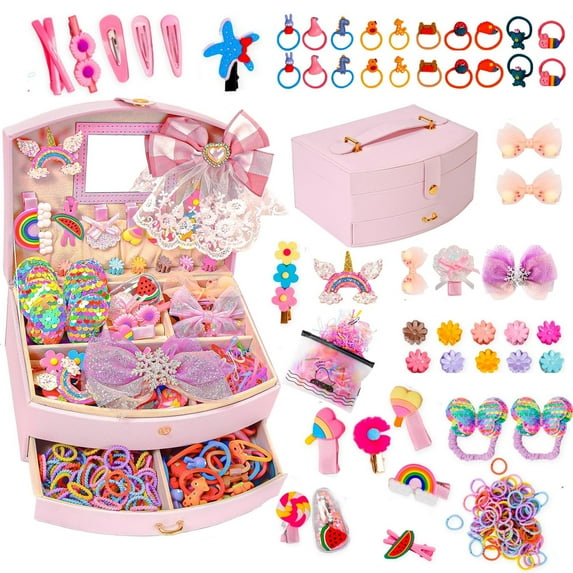 Hair Accessories for Girls Set for Girls Including Jewelry Box/Hair Clips/Hair Ties/Girl Birthday Gifts for girls Age 4-10 (Square Jewelry Box)