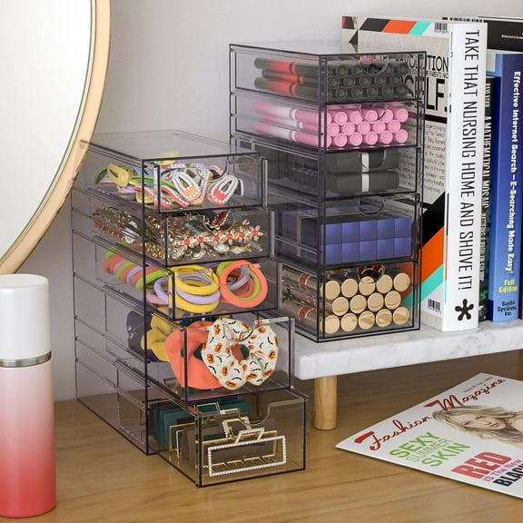 Hair Accessory Organizer Box with 5 Drawers, Clear Plastic Storage Container for Hair Ties and Beauty Tools
