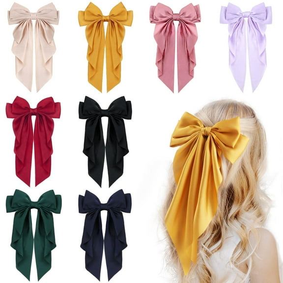 Hair Bow Clip, 8Pcs Big Satin Layered Hair Accessories for Women Girls, 8 Inch Barrette Hair Clip, Long Black Ribbon Bows, French Style