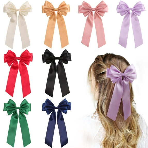 Hair Bow Clip, 8Pcs Big Satin Layered Hair Accessories for Women Girls, 8 Inch Barrette Hair Clip, Long Black Ribbon Bows, French Style