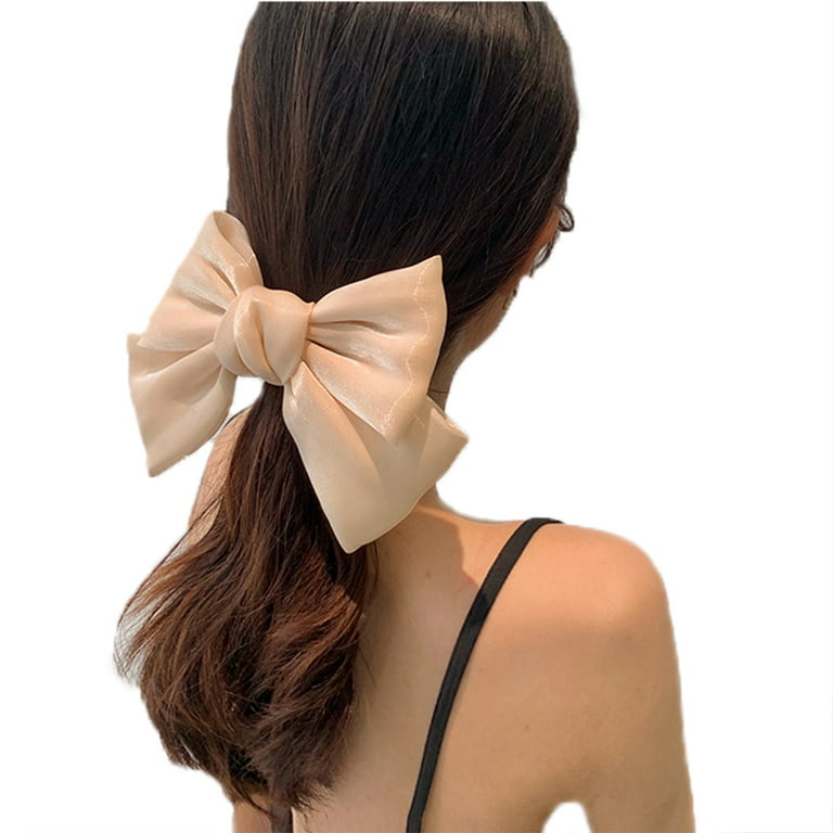 Hair Bow Clips Large Bowknot Hair Ribbons Bows for Women Girls Pearl Satin  Ribbon Handmade Beige Hair Clip Bows Barrettes for Women Hair Accessories