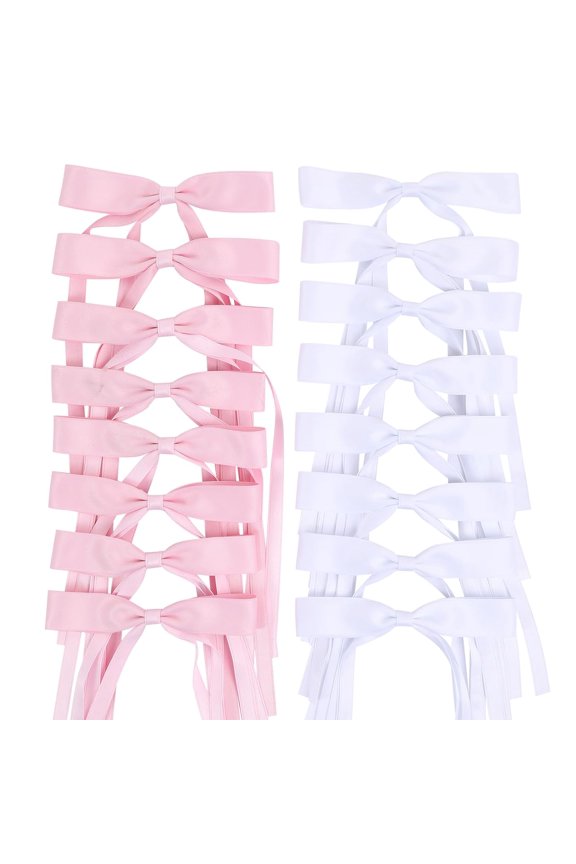 Hair Bows Clips Coquette Ribbon Bowknot with Long Tail Princess Hair Bows French Barrettes Hair Accessories for Women Girls 16PCS (Pink, White)
