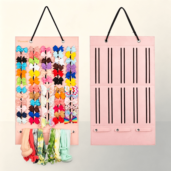 Hair Bows Holder Felt Wall Mount Accessory Display Organizer With Hanging Rope Stores Hair Bows Barrettes Hair Ties For Bedroom Wall Setup (Pink)