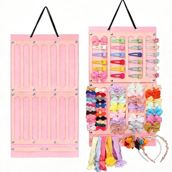 Hair Bows Holder and Organizer with 16 Ribbons, Hanging Headband Storage Display for Girls and Baby Nursery, Large Capacity Wall Decor with Sturdy Rope, Pink, 1 Count