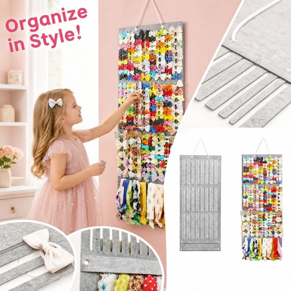Hair Bows Holder Organizer Decorative Wall Hanging Felt Hanger For Hair Accessories Stores Bows Headbands & Barrettes For Home Bedroom Use (Light Gray)