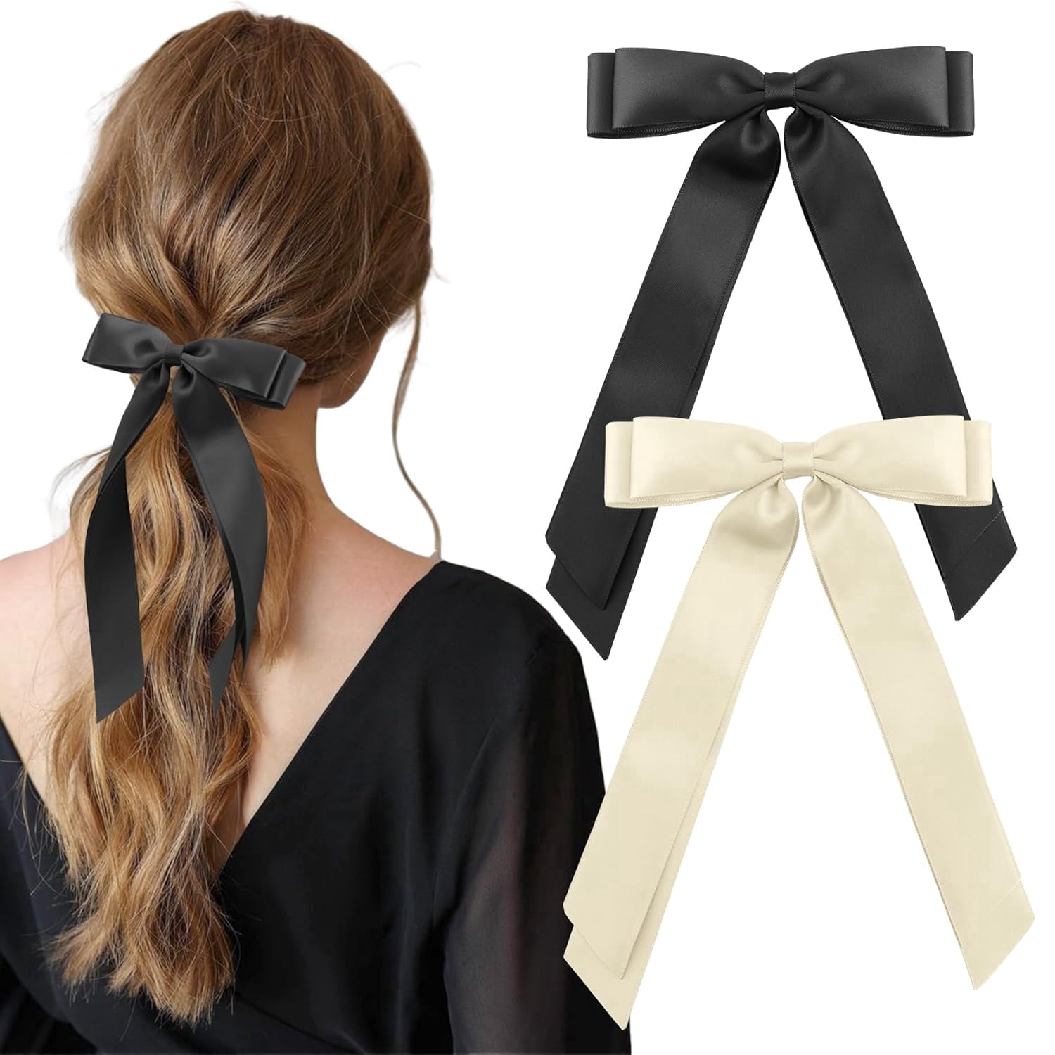 Hair Bows Ribbon Bows for Women, Silky Satin Ribbon Hair Clips, Oversized Long-tail Cute Aesthetic Accessories, Big Hair Bow,Big Bows for Women Girls