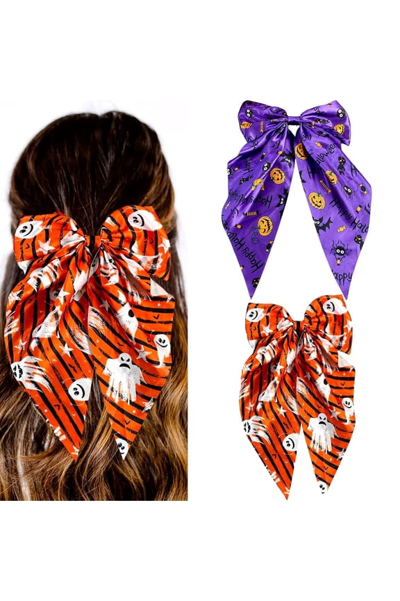 Hair Bows for Women Girls, Halloween Silky Satin Hair Bow Clip with Long Tail, Pumpkin Hair Ribbon Big Bow Clips, Ghost Hair Barrettes Halloween Hair Accessories Pack of 2
