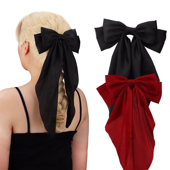 Hair Bows for Women 2pcs Large Silky Satin Bows Hair Clips for Valentine's,Mother's Day(Black+Burgundy)