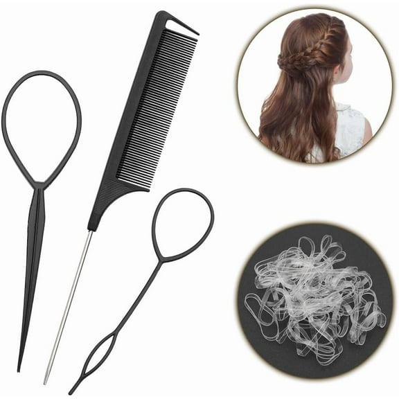 Hair Braiding Tool Rat Tail Comb French Braid Accessories Pony Tail Hair Pull Through Tool Metal Pin Tail Comb - Parting Comb hair looping Tool Elastic Hair ties Girls Braid Gift Set