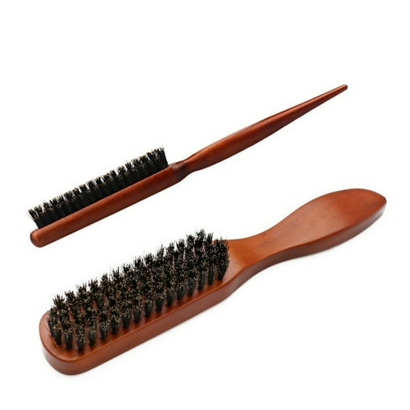 Hair Brush, 2 PCS Wood Handle Edge Brush Set Boar Bristle Teasing Brush Rat Tail Comb Small Portable Travel Hair Brush for Women Thin & Fine Hair Smoothing, Sectioning, Beard Brush for Men
