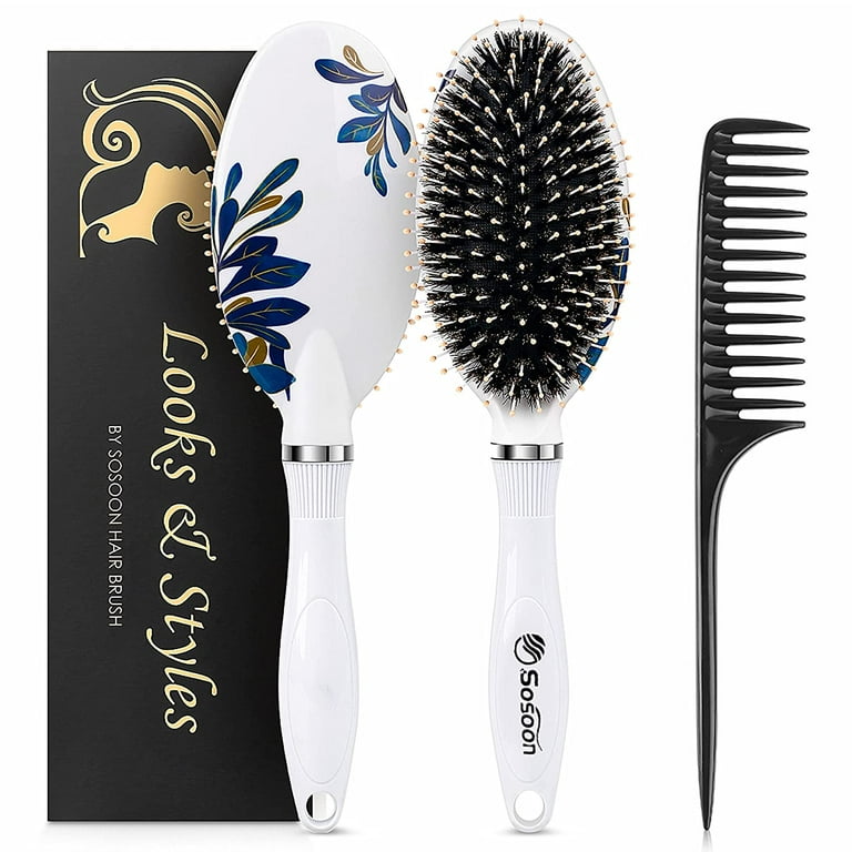 Hair Brush Boar Bristle Hair Brushes for Women Kids Thick Curly Wet Dry Hair, Detangling Brush Adds Shine, Size: 10.4 x 2.7 x 1.5, White