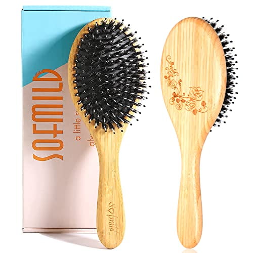 Hair Brush, Boar Bristle HairBrush Set for Thick Fine Curly Thin Hair, Oval Bamboo Paddle Nylon&Boar Bristle Brush for Women, Men, Kids. Reduce Frizz Make your Hair Smooth, Bouncy, and Shiny