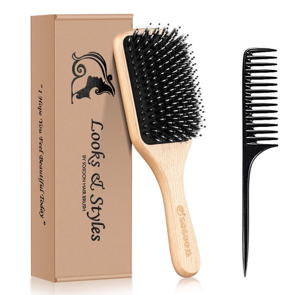 Hair Brush, Boar Bristle Paddle Hairbrush for Long Short Thick Thin Curly Straight Wavy Dry Hair for Men Women Kids, No More Tangle, Giftbox & Tail Comb Included