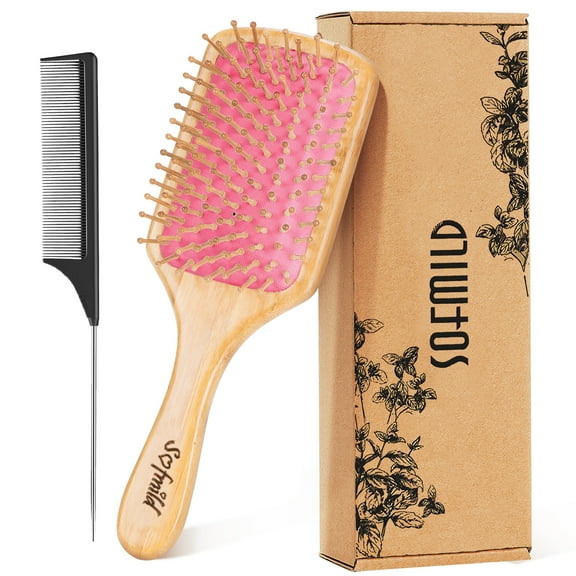 Hair Brush Paddle Natural Wooden Bamboo Brush and Detangle Tail Hair Comb Set for Massage Scalp