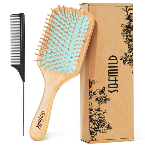 Hair Brush Paddle Natural Wooden Bamboo Brush and Detangle Tail Hair Comb Set for Massage Scalp