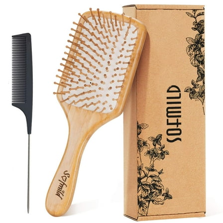 Hair Brush Paddle Natural Wooden Bamboo Brush and Detangle Tail Hair Comb Set for Massage Scalp