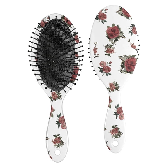 Hair Brush Red Flower on White Cushion Base Hair Brushes Touch Paddle Double Sided Pattern Oval Hairbrush
