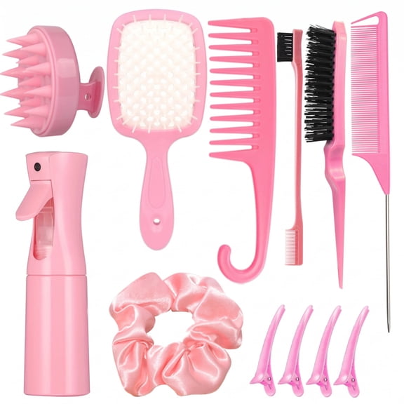 Hair Brush Set,11 Pieces Detangling Brush and Hair Spray Bottle, Complete styling kit for women with curly, thick or natural hair- Pink