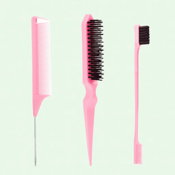 Hair Brush Set - Bristle Brush, Rat Tail Comb, Edge Brush - Pink