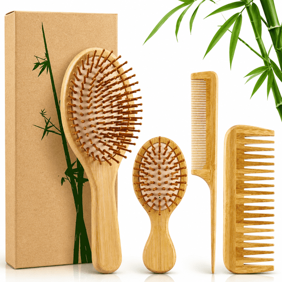 Hair Brush Set with Natural Bamboo Paddle Brush, Wide-Tooth Comb & Tail Comb, Detangling Hair Brushes, No Bristle Wooden Hair Care Kit for Women Men Kids, Thick, Thin, Curly & Dry Hair