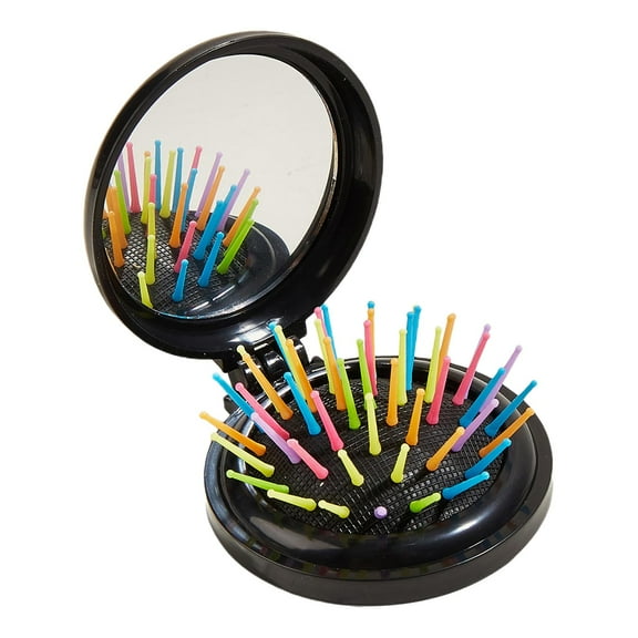 Hair Brush with Mirror, Folding Pocket Hair Brush, Portable Round Folding Hair Brush Pocket Comb for Gym, Trip camping Travel Black