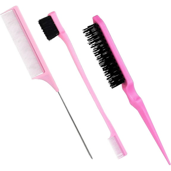 Hair Brushes 3 Pieces Set Plastic Teasing Pick Parting Hair Color Rattail Comb with Metal Prong Edge Brush Haircut Combing and Stylist Accessories (Pink)
