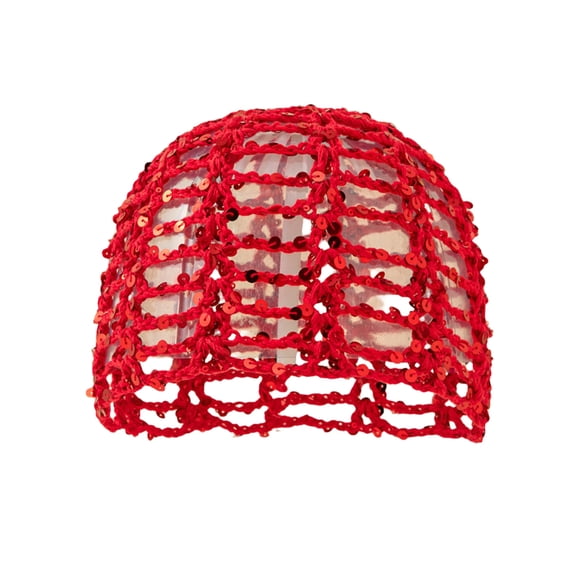 Hair Cap Hollow Out Sequin Mesh Handmade Polyester Breathable Elastic Lightweight Styling Wrap Accessory Women Adult, Red