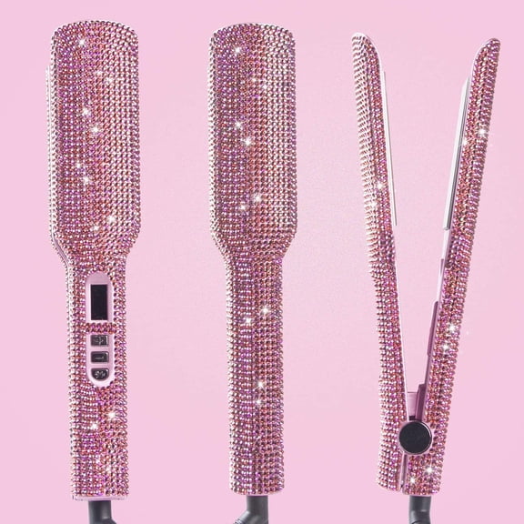 Hair Ceramic Flat Iron & Hair Straightener Iron for an Even 2 Inch Titanium Flat Iron Rhinestone Straightening Iron,Salon High Heat 480 F,Instant Heat Up,Dual Voltage,Rose Pink