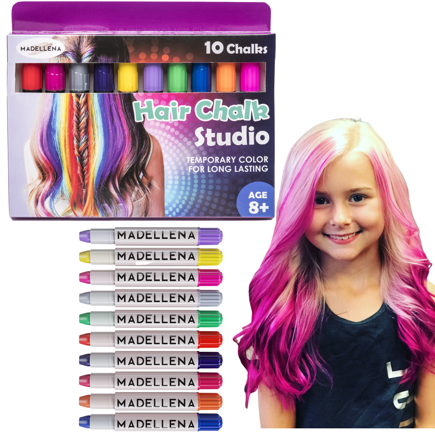 Hair Chalk For Kids - Hair Chalk for Girls - 10 Piece Temporary Hair Chalks - Birthday Gifts For Girls - Hair Chalk - Kids Hair Dye - Hair Chalk Set, Gifts for Girls Ages 3, 4, 5, 6 ,7, 8, 9, 10 - image 1 of 5