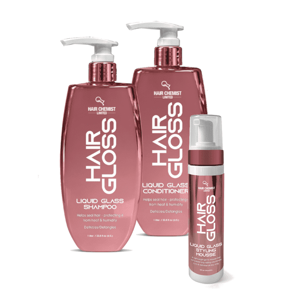Hair Chemist Hair Gloss Liquid Glass 3-PC Volumize & Curl Set - Includes 33.8oz Shampoo, 33.8oz Conditioner & 8oz Hair Mousse Set (3-PC SET)