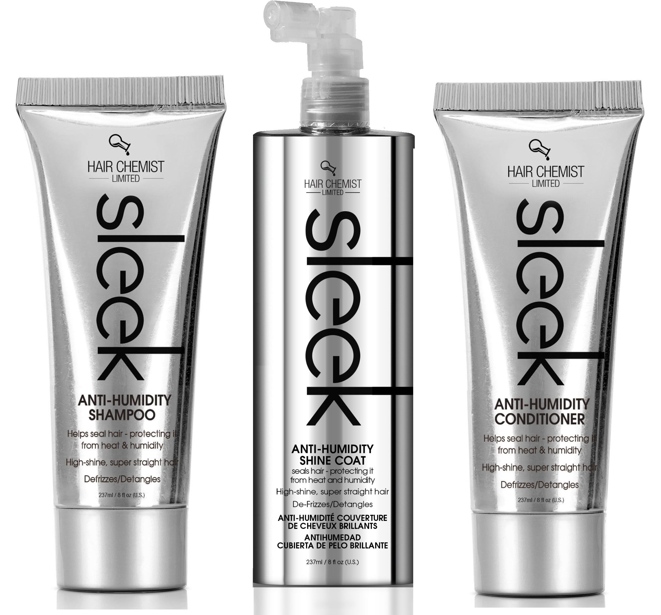 Hair Chemist Sleek Anti-Humidity Shampoo 8oz, Conditioner 8oz & Shine Coat 8oz 3-PC SET - Frizzy Hair Shampoo and Anti-Frizz Treatment Collection for Silky Hair & Super Straight Hair