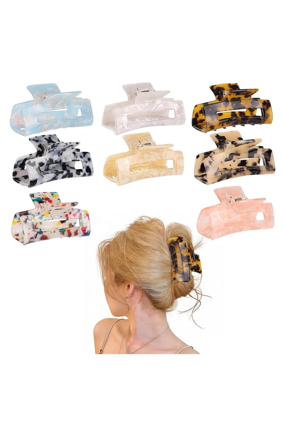 Hair Claw Clips 8 Pack, Tortoise Shell Pattern Rectangle Hair Barrettes, 3 Inch Non Slip Hair Clips for Women Thin & Thick Hair