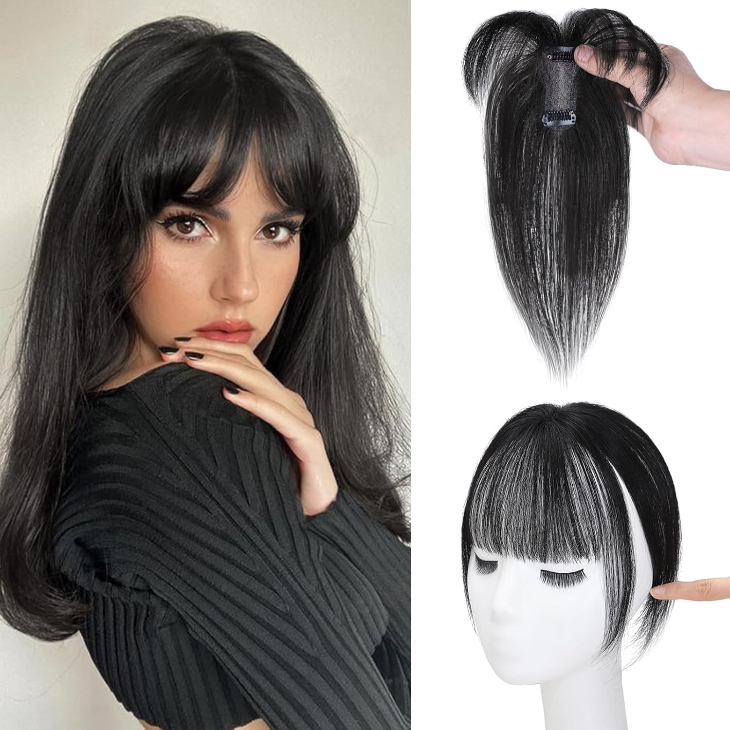 The Hair Clip 100% Real Human Hair Toppers 360°3D Cover Clip in Bangs Hair pieces Wispy Bangs for Women Hair Extensions Clip on French Bangs for Daily Wear