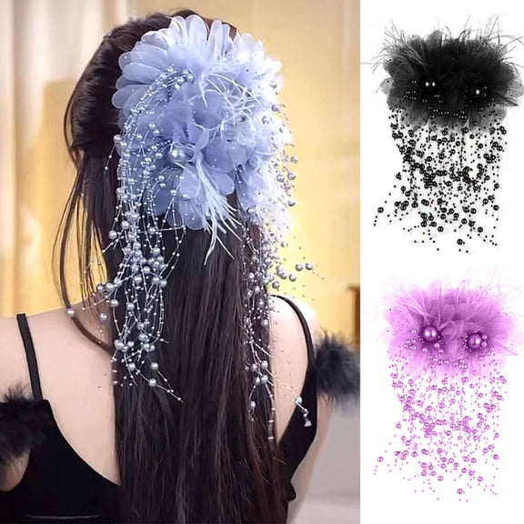 Hair Clip with Pearl Tassels Feather Mesh Yarn Flower Decor Hair Claw for Women Girls