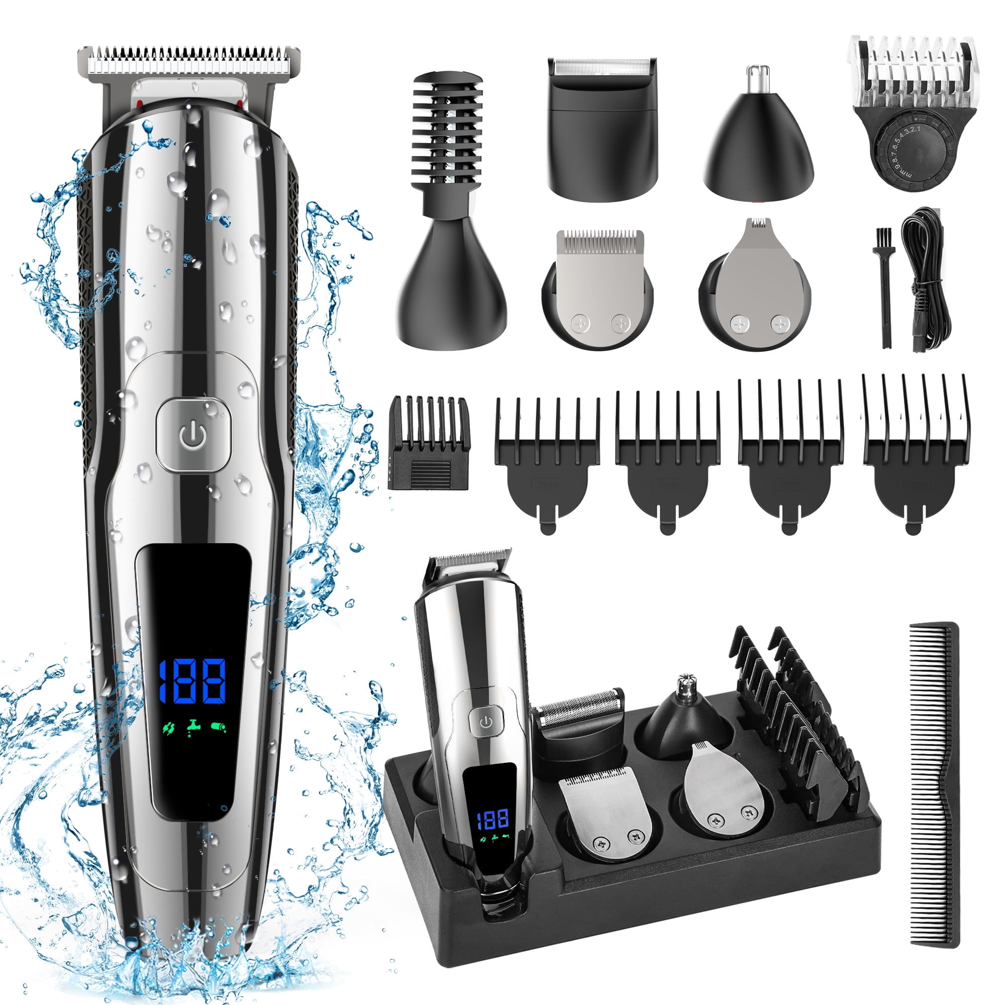 Hair Clipper, 14 in 1 Beard Trimmer for Men, IPX7 Waterproof USB Rechargeable Cordless Haircut Face Nose Ear Hair Kit W/ LED Display for Home Wet/Dry Use - Walmart.com