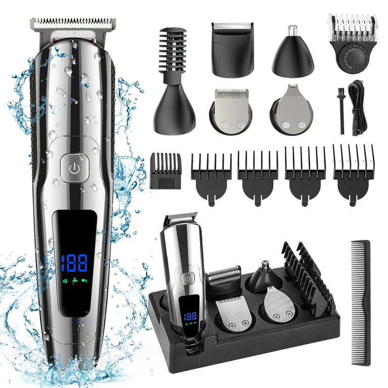 Hair Clipper, 14 in 1 Electric Beard Trimmer for Men, IPX7 Waterproof USB  Rechargeable Cordless Haircut Face Nose Ear Hair Groomer Kit W/ LED Display