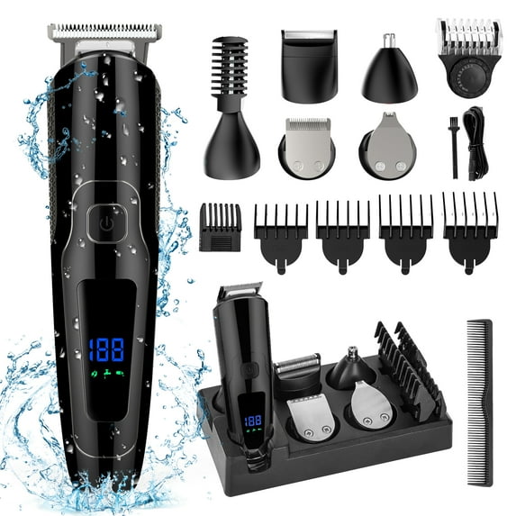 Hair Clipper, 14 in 1 Electric Beard Trimmer for Men, IPX7 Waterproof USB Rechargeable Cordless Haircut Face Nose Ear Hair Groomer Kit W/ LED Display for Home Travel Wet/Dry Use