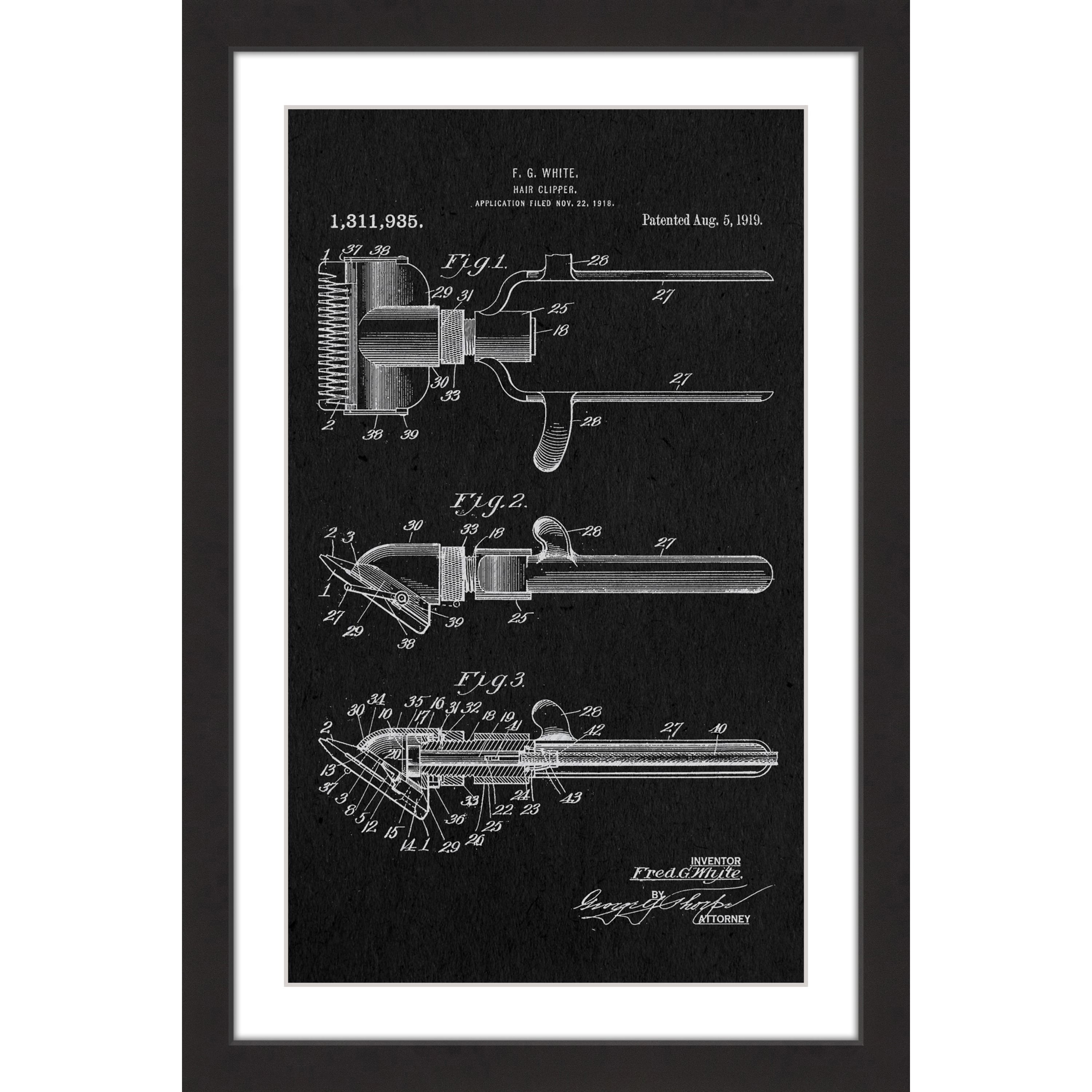"Hair Clipper 1919 Black Paper" Framed Painting Art Print, 30" x 1.5"